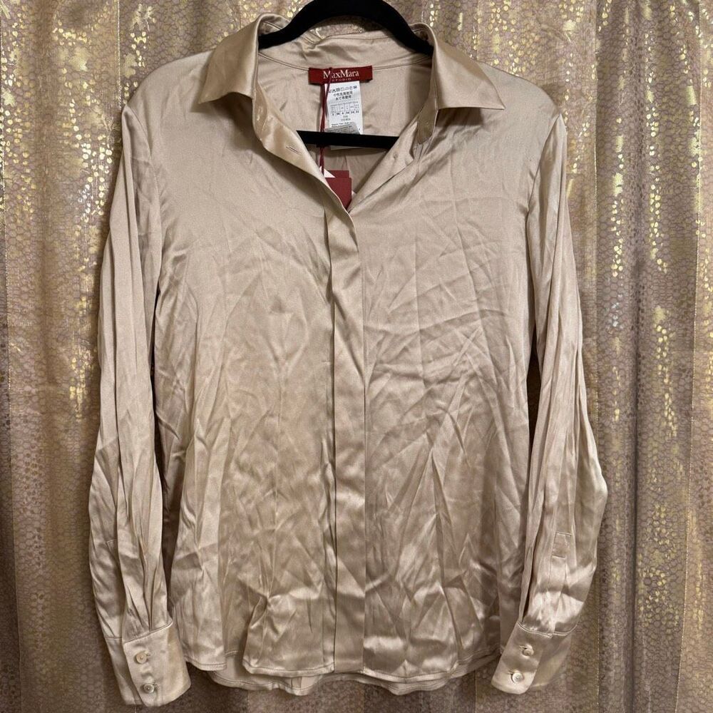 MaxMara Studio Satin Silk Button Down Long Sleeve Lisa Gold Blouse 2 NWT
